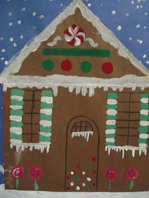 a faithful attempt: Gingerbread Houses Box Gingerbread House, Gingerbread Painting, Christmas Elementary, Book Backdrop, December Art, January Ideas, Holiday Art Projects, Christmas Art Projects, Preschool Craft