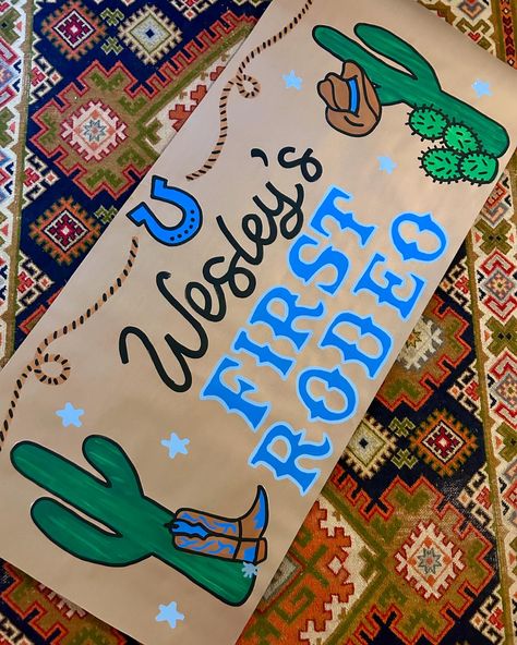 Banners lately ✨ Butcher Paper Banner Birthday, Western Baby Birthday Party, Halloween Painted Banner, This Is My First Rodeo Birthday, Country Theme Birthday Party, Hand Painted Banner, My First Rodeo Birthday Boy, First Rodeo Birthday Boy, First Rodeo Birthday Party