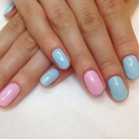 Blue And Pink Gel Nails Ideas, Pink And Blue Manicure, Blue And Pink Short Nails, Pink And Blue Toenails, Blue And Pink Gel Nails, Pink Blue Nails Designs, Pink And Blue Nails Short, Short Gender Reveal Nails, Pink And Baby Blue Nails