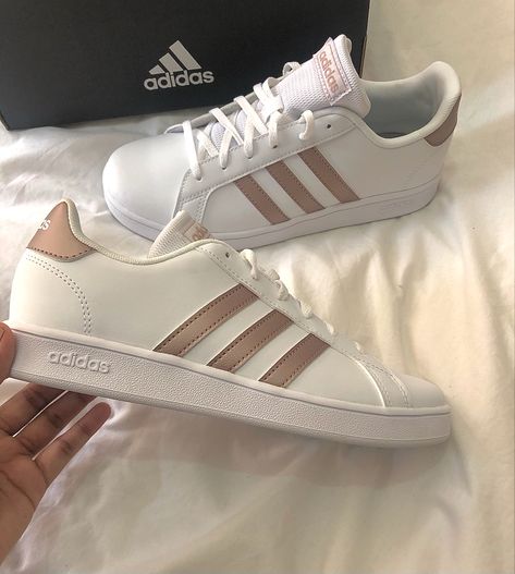 Gold Sneakers With Round Toe And Laces, Gold Tennis Shoes, Shoes For Bridal, Adidas Sneakers With Rose Gold, Gold Slip-on Sneakers For Spring, Gold Slip-on Sneakers With Cushioned Footbed, Reception Shoes, Rose Gold Adidas, Rose Gold Sneakers