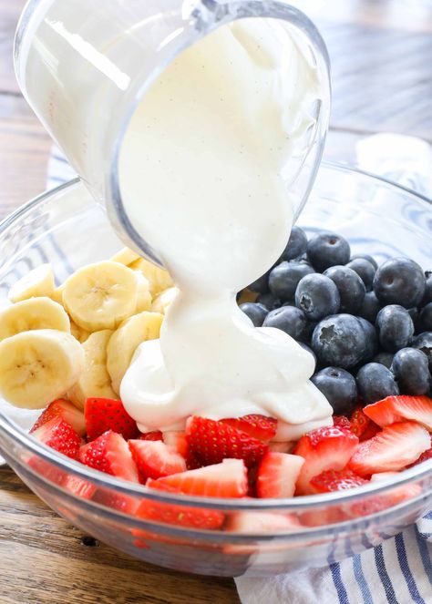 Red White and Blue Salad - Barefeet in the Kitchen Vanilla Dressing, Red White And Blue Salad, Red White And Blue Fruit, Creamy Fruit Salad, Banana Salad, 4th July Food, Creamy Fruit Salads, French Vanilla Creamer, Blue Salad