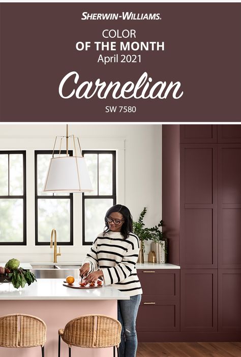 Sw Carnelian Paint, Maroon Painted Walls Bedroom Ideas, Purple Kitchen Walls Oak Cabinets, Brownish Red Paint Colors, Carnelian Paint Sherwin Williams, Dark Auburn Sw Paint, Burgundy Cabinets Bathroom, Sherwin Williams Toile Red, Sherwin Williams Fine Wine