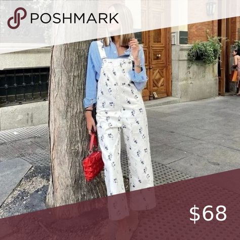 ZARA ~ The Jackie Bib Jumpsuit Overalls In Denim Floral White And Purple Jumpsuit Overalls, Floral White, Zara Pants, Overalls, Jumpsuit, Zara, Outfit Inspo, Purple, Floral