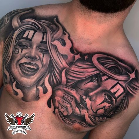 Mexican Chest Tattoo, Chest Piece Tattoos For Guys, Virgin Mary Chest Tattoo, Chicano Chest Tattoo Men, Chest Tattoo Men Angel, Chicano Chest Tattoo, Chest Tattoo Angel, Angel Chest Piece Tattoo, Devil Angel Tattoo