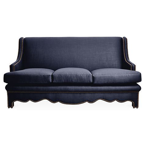 Nailhead Sofa, Navy Linen Nailhead Sofa, Sofa Navy, Tile Renovation, Curved Furniture, Bohemian Interior Design, Bohemian Interior, Linen Sofa, Curved Sofa, Navy Linen