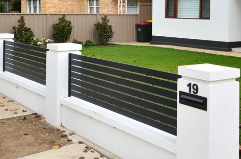 Modern Fence Ideas | Concrete Pillar Fences for Contemporary and Modern Homes Pillar Fence Ideas, Front Yard Concrete Fence Ideas, Front Drive Fence Ideas, Townhouse Front Yard Ideas, Corner House Fence Ideas, Concrete Fence Wall Design Ideas, Front Garden Fence Ideas Uk, Cement Fence Ideas Concrete Walls, Modern Fence Design Concrete