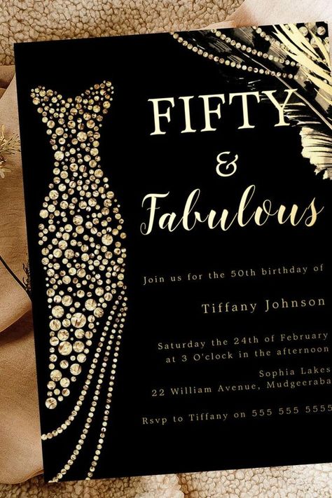 Fifty & Fabulous Elegant Gold Dress 50th Birthday Foil Invitation 50th Gold And Black Party Ideas, 50 Invitation Birthday, Golden 50th Birthday Party Ideas, Great Gatsby 50th Birthday Party, Elegant Birthday Decorations For Women, Women’s 50th Birthday Party Decor, Woman’s 50th Birthday Party, Themes For 50th Birthday Party For Women, 50 Birthday Ideas Women