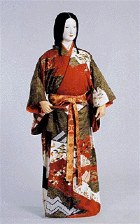 The kimono of an early Edo Period lady. It still greatly resembles the Muromachi Period kosode. Japanese Clothing Traditional, Nara Period, Muromachi Period, Moda Kimono, Medieval Japan, Japanese Edo Period, Furisode Kimono, Edo Era, Modern Kimono