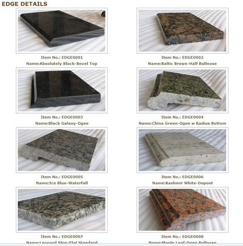 Custom fabricated granite countertops and marble vanity tops-Choosing Countertop Edges Women Suits Wedding Bridesmaid, Granite Countertop Edges, Countertop Edges, Granite Stairs, Glass Film Design, Granite Edges, Materials Board Interior Design, Countertop Slabs, Ogee Edge