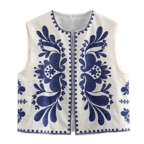 Round Neck Cardigan, Loose Vest, Boho Vest, Retro Fashion Women, Embroidery Top, Blue Embroidery, Vest Fashion, V Neck Cardigan, Retro Floral