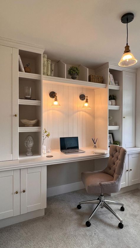 The office wouldn’t be the same without lighting! It makes such a difference to the space especially being a north facing… | Instagram Wall Built In With Desk, Mudroom And Office Combo, Small Office Den Room Ideas, Little Office Space Ideas, Desk Built In, Ikea Built In Desk, Small Office Built Ins, Built In Bookshelves With Desk, Cottage Office Ideas