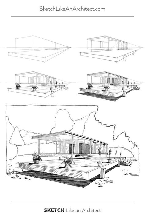 Quick Building Sketches, Prespective Sketches Buildings, Landscape Sketch Architecture, Building Drawing Step By Step, Sketch Like An Architect, Architecture Drawing Beginner Step By Step, Farnsworth House Drawing, House Architecture Design Sketch, Farnsworth House Sketch