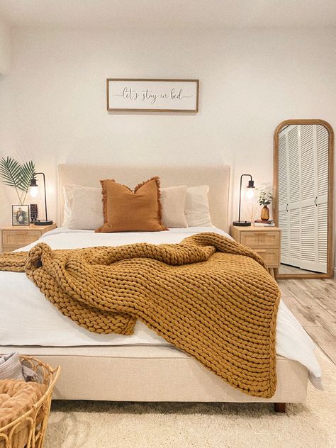 Beige Bed Frame Bedroom Ideas, Beige Bed Frame Room Ideas, Fall Themed Bedroom, Apartment Holiday Decor, Lets Stay In Bed, Beige Upholstered Bed, Beige Bed Frame, Cream And White Bedroom, California King Bed Frame