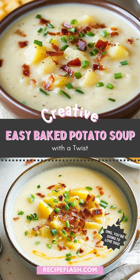 Searching for an effortless dinner idea? This easy baked potato soup recipe is creamy and delicious, making it a perfect choice for a satisfying meal that the whole family will love any night of the week. Potato Soup Meal Ideas, Potato Soup With Baked Potatoes, Dinner Ideas With Potatoes Meals, Potato Soup Half And Half, Potato Soup Easy Crockpot, Potato Soup With Sour Cream, Baked Potatoes Soup, Twice Baked Potato Soup, Light Potato Soup