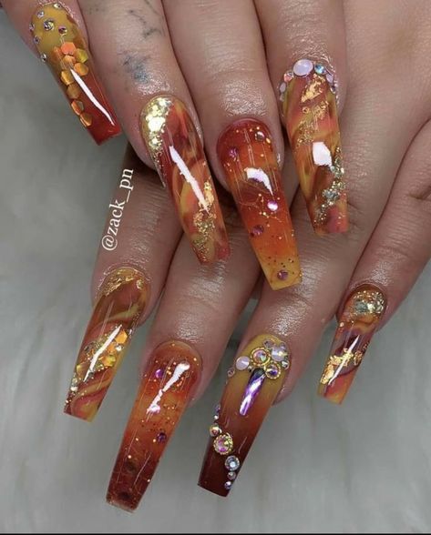 Fall Marble Nail Designs, Nail Vibes, Hand Nails, Fall Acrylic, November Nails, Brown Acrylic, Fall Nail Art Designs, Floral Nail, Fall Acrylic Nails