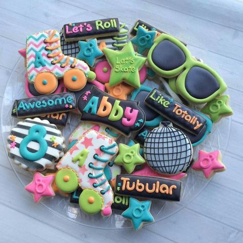 Skating cookies Skate Party Cookies, Neon Skating Party Ideas, 80s Theme Skate Party, Glow Roller Skating Party, Roller Skate Birthday Cookies, Skating Theme Party Ideas, Roller Skate Cookie Cake, Neon Birthday Cookies, Roller Skating Bday Party