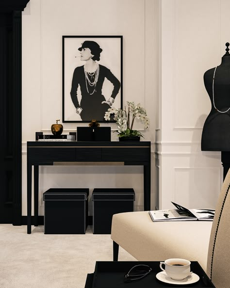 Coco Pearls Interior, Chanel Interior Design, Coco Chanel Apartment, Chanel Interior, Chanel Home Decor, Salon Art Deco, Chanel House, Black And White Interior, White Interiors