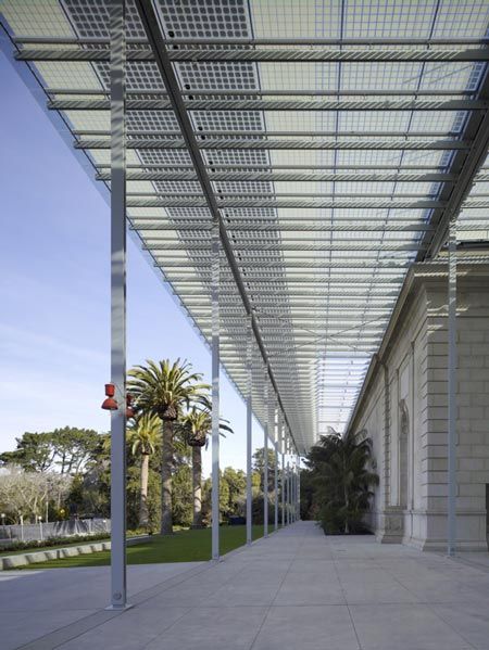 California Academy of Sciences by Renzo Piano. Solar canopy. Deck Canopy, Window Canopy, Building Workshop, Canvas Canopy, California Academy Of Sciences, Canopy Architecture, Covered Walkway, Backyard Canopy, Wedding Canopy