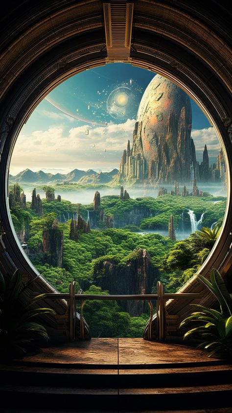 A view from a big wooden window to an alien planet, beautiful paradise ✨️ New Planet Aesthetic, Alien Planet Aesthetic, Alien Cities, Starfield Aesthetic, Aesthetic Universe, Alien Planets, In Another Universe, Aliens History, Bedroom View