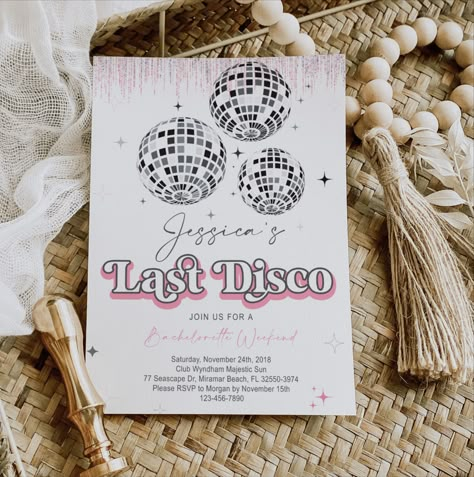 Bachelorette Invitation with Back, Last Disco, Retro, Groovy, Itinerary, Template, White, Pink, Gray Disco Bachelorette Invite, Disco Party Invite, Disco Invite, Last Disco Bachelorette, Retro Invitation, Disco Bachelorette, Last Disco, Bachelorette Invitation, 21 Diner