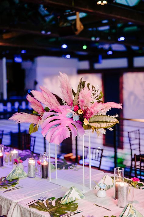 Bright Tropical Centerpiece | Miami Vice Inspired After Party Miami Vice Dinner Party, Miami Vice Wedding Theme, Miami Vice Centerpieces, Miami Centerpieces, Miami Theme Party Decor, Miami Party Theme, Miami Nights Theme Party, Miami Vice Party Theme, Miami Vice Wedding