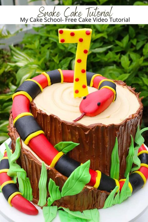 Snake Cake! - My Cake School Easy Animal Birthday Cake, Snake Cakes For Boys, Reptile Birthday Cake, Reptile Cake, My Cake School, Snake Cake, Snake Cakes, Snake Birthday, Snake Party