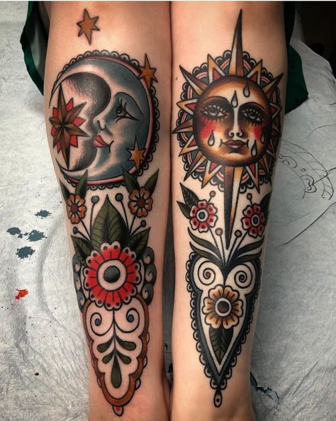 Traditional Thigh Tattoo, Sun And Moon Tattoos, Tattoo Sonne, Shin Tattoo, Traditional Tattoo Inspiration, Traditional Style Tattoo, Moon Tattoos, Traditional Tattoo Sleeve, Instagram Tattoo