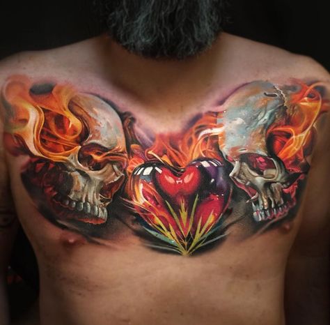 Flaming Skulls & Heart Owl Tattoo Chest, Flame Tattoos, Cool Chest Tattoos, Chest Tattoos For Women, Chest Piece Tattoos, Chest Tattoo Men, Cool Tattoos For Guys, Heart Tattoo Designs, Face Tattoos