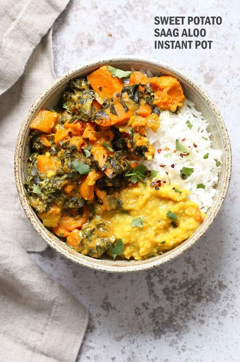 Instant Pot Saag Aloo - Sweet Potatoes & Chard Curry - Vegan Richa Saag Aloo, Vegan Indian Recipes, Plant Based Soups, Cubed Sweet Potatoes, Vegan Richa, Lectin Free, Beans Curry, Csa Recipes, Plant Paradox