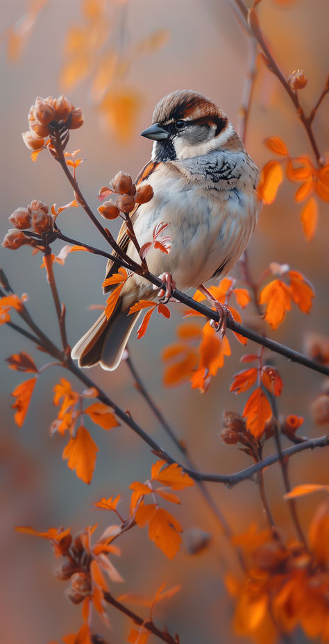 A small sparrow perches delicately on an autumn branch, a whisper of nature's fleeting grace. Sparrow On Branch, Birds In Autumn, Winter Nature Photography, Sparrow Pictures, Bird Parakeet, Winter Photography Nature, Autumn Birds, Goldfinch Bird, Pastel Winter