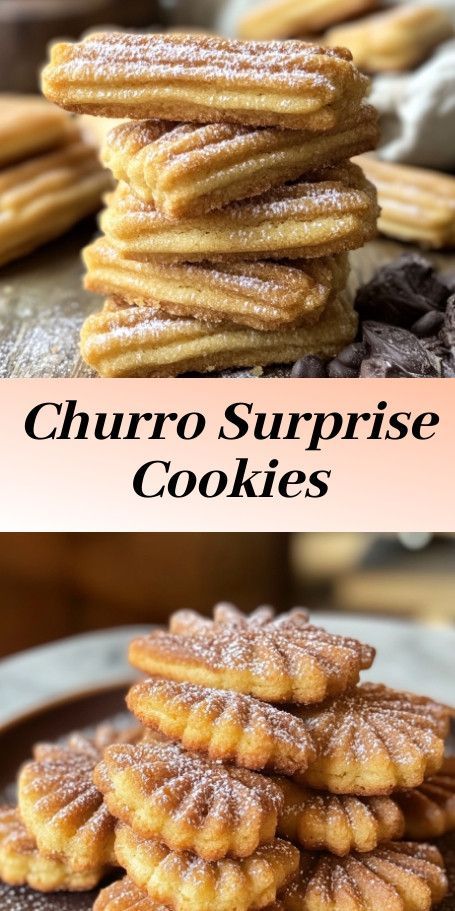 Cinnamon Sugar Churro Cookies - A delicious blend of cinnamon, sugar, and gooey chocolate in a chewy cookie. Great for any occasion! Recipe yields 24 cookies. Prep time: 20 minutes. Cook time: 12 minutes. Total time: 32 minutes. Mexican Cookies Recipes, Churro Cookies, Churro Dessert, Surprise Cookies, Crumble Cookie Recipe, Churro Bites, Mexican Cookies, Surprise Cookie, Cheesecake Cookies