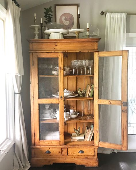 Instagram: TheCrossonCottage Antique Pantry Cabinet, Collected Kitchen, 1920s Dining Room, Farmhouse Cottage Decor, Corner Hutch, Farmhouse Dining Rooms Decor, Cottage Decor Farmhouse, Dining Room Cozy, Rustic Country Home