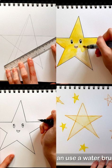 Drawing a star using pencil and ruler on paper. Coloring with fine liners and watercolor pencils and water brush. How To Draw A Star Easy, Different Ways To Draw Stars, Star Drawing Step By Step, Drawing A Star Step By Step, Christmas Card Star Diy, Draw A Star, Hand Video, Video Drawing, Easy Christmas Drawings