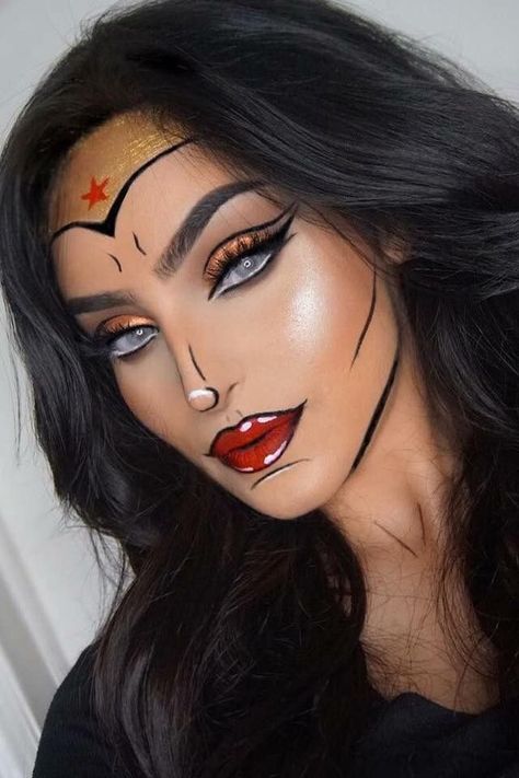 Wonder woman comic book pop art Halloween superhero make up Makijaż Sugar Skull, Beautiful Halloween Makeup, Airbrush Make Up, Fantasy Make-up, Halloween Make-up Looks, Halloweenský Makeup, Pop Art Makeup, Cute Halloween Makeup, Halloween Makeup Pretty