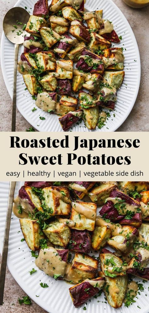 These oven-roasted Japanese sweet potato cubes are paired with a delicious miso maple tahini dressing. They’re so easy to make, perfect for a comforting and healthy vegetable side dish! Recipe is vegan and gluten-free. Roasted Korean Sweet Potato, Japanese Potatoes Recipes, Fall Vegetable Side Dishes Healthy, Japanese Yams Recipe, Mashed Japanese Sweet Potatoes, Japanese Sweet Potato Dinner, Vegan Japanese Sweet Potato Recipes, How To Cook Japanese Sweet Potato, Murasaki Sweet Potatoes Recipes