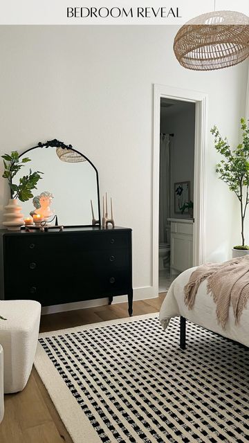 Black And White Dresser Decor, Black And White Feminine Bedroom, Black White Cream Bedroom, Country Glam Bedroom, Black Cream Bedroom, Black And White Furniture Bedroom, Bedroom With Black Accents, World Market Decor, Black And Neutral Bedroom