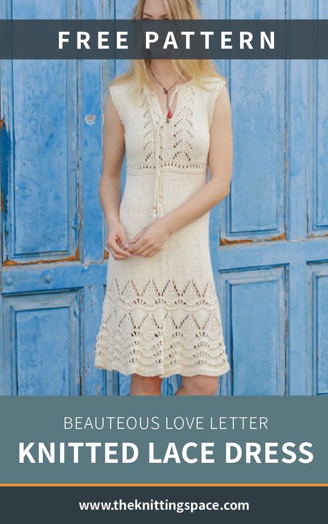 We're convinced that this effortlessly chic knitted dress is a total must-have for anyone's summer wardrobe. Make one for yourself and your girlfriends! This number is an ideal project for knitters with intermediate skills. | Discover over 3,000 free knitting patterns at theknittingspace.com #summerknittingprojects #summercrafts #summerstyle #summeroutfits #summerfashion #summerknitwear #summervibes #beachessentials #summeressentials #knitpatternsfree #giftideas #DIY Dress Knitting Pattern Woman, Knit Summer Dress Pattern, Knit Lace Dress Pattern, Cable Dress Knitting Pattern, Feminine Sleeveless Lace Crochet Dress, Knit Dress Pattern Free, Summer Knitting Projects, Knit Sundress, Knitting Space