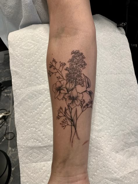 Floral Back Arm Tattoo, Carnation Flower Tattoo Half Sleeves, Carnation Flower Tattoo Arm Sleeve, Carnation Wrap Around Tattoo, Bouquet Forearm Tattoo, Wildflower Wrap Around Arm Tattoo, Flower Half Sleeve Tattoos For Women, Floral Forearm Tattoo Women, Wildflower Lower Arm Sleeve