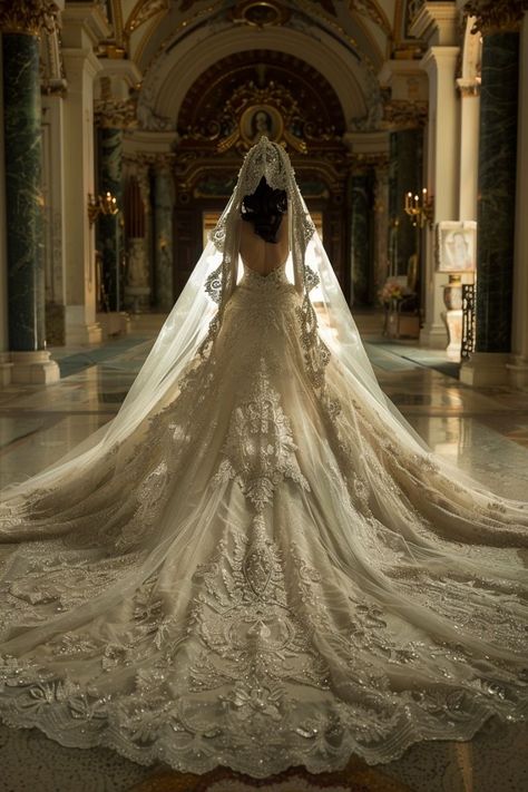 Wedding Dresses Royalcore, Mermaid Wedding Dress With Flowy Sleeves, Big Long Wedding Dresses, Royal Weddings Aesthetic, Long Vails Wedding, Megara Wedding Dress, Wedding Dress Castle, Royal Wedding Veil, Backless Ball Gown Wedding Dress