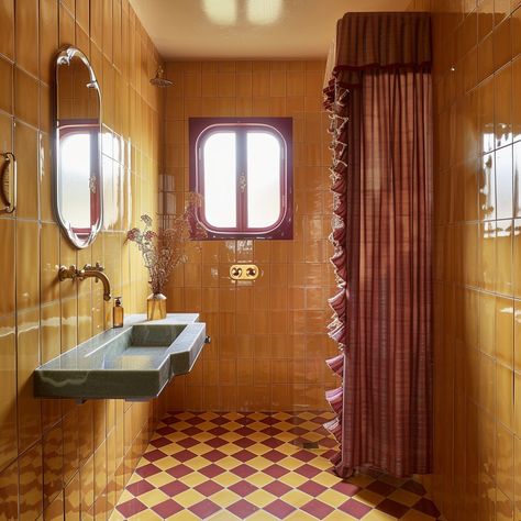 Seventies Bathroom, Old Bathroom Aesthetic, 70s Toilet, 70s Bathroom Aesthetic, 70’s Bathroom, Bathroom Orange Tile, Indian Bathroom, 70s Architecture Bathroom, Vibrant Bathroom