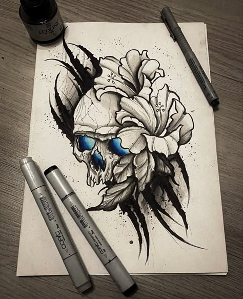 #skull #flowers #tattooideas #tattoodesign #inkpainting #darklettering #tattoolord Skull Flowers Tattoo, Flowers Tattoo Design, Cool Skull Drawings, Skull Tattoo Flowers, Feather Tattoo Meaning, Sketch Style Tattoos, Skull Flowers, Skulls Drawing, Gothic Tattoo