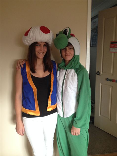 Toad and Yoshi costumes Mario And Yoshi Costume, Yoshi Costume Women, Yoshi Halloween Costume, Diy Womens Toad Costume, Yoshi Costume Diy Women, Toad Halloween Costume, Diy Womens Yoshi Costume, Yoshi Womens Costume, Yoshi Halloween