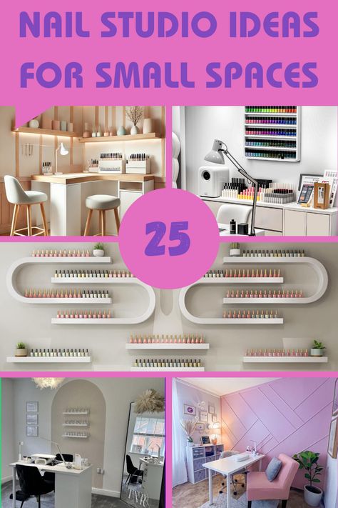 Create a stylish and efficient nail studio in a small space with smart storage and design! Use floating shelves and a wall niche to keep tools organized, while a polish rack and display rack showcase your collection. Add LED lighting for a bright, modern look, and a mirror to make the space feel larger. A compact nail table and mini nail bar complete the setup. These 25 creative ideas will help you design the perfect nail salon at home! Nail Studio Ideas, Nail Salon At Home, Nail Table, Maximize Small Space, Wall Niche, Nail Studio, Home Salon, Nail Bar, Space Ideas