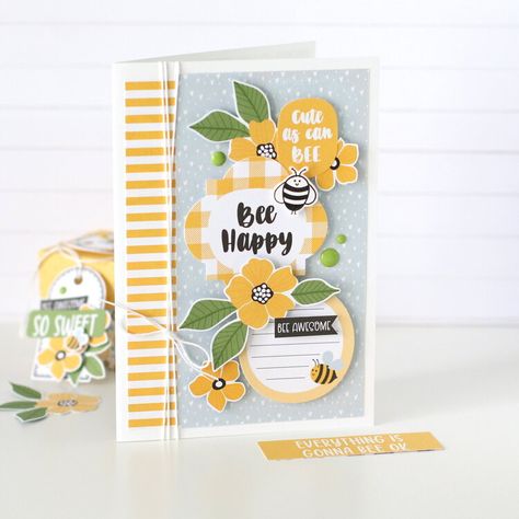 Honey Bee Cards Paper Crafts, Bumble Bee Scrapbook Layouts, Honey Bee Scrapbook Ideas, Bee Scrapbook, Echo Park Bee Happy Cards, Echo Park Bee Happy, Echo Park Paper, Happy Cards, Bee Cards