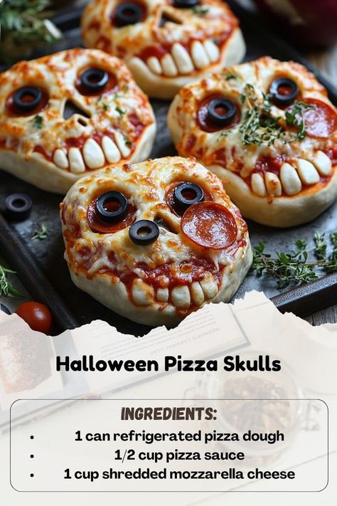 Pizza Skulls, Halloween Pizza, Refrigerated Pizza Dough, Halloween Goodies, Pizza Pizza, Skull Halloween, Cozy Kitchen, Shredded Mozzarella, Pizza Sauce