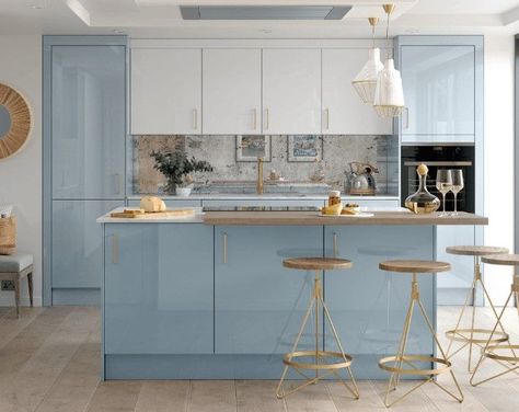 Dove Blue Kitchen, Light Blue Kitchen Cabinets Modern, Sky Blue Kitchen Ideas, Sky Blue And White Kitchen, Sky Blue Kitchen Cabinets, Baby Blue Kitchen Cabinets, Blue Gloss Kitchen, Blue Kitchen Cabinets Ideas, Sky Blue Kitchen