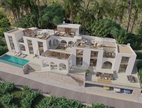 Villa Bloxburg, Bloxburg Villa, Bloxburg Resort, Modern Mediterranean Home, Ibiza House, Mediterranean Mansion, Santorini House, Bloxburg Home, Hotel Exterior