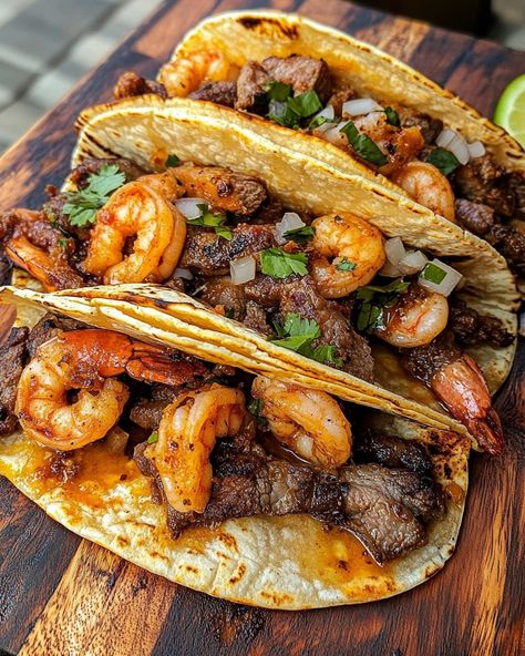 Clean Eating Shrimp Tacos, Steak Shrimp Tacos, Loaded Shrimp Quesadillas, Steak And Shrimp Burrito Recipe, Mexican Food Recipes Seafood, Taco Recipes Steak, Steak Tacos On Blackstone, Grilled Steak Tacos Recipes, Small Tacos Recipes