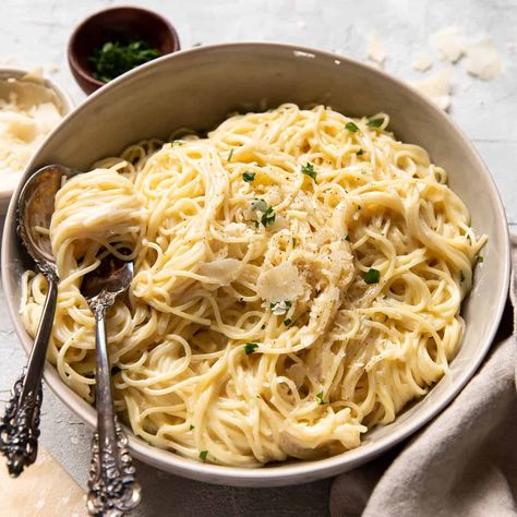 Creamy Angel Hair Pasta - Modern Crumb Angel Hair Side Dish, Angel Hair Alfredo Pasta, Angel Hair Alfredo, Creamy Angel Hair Pasta, Angel Hair Recipes, Angel Hair Pasta Salad, Family Side Dishes, Pasta Sauce Recipes Easy, Capellini Pasta