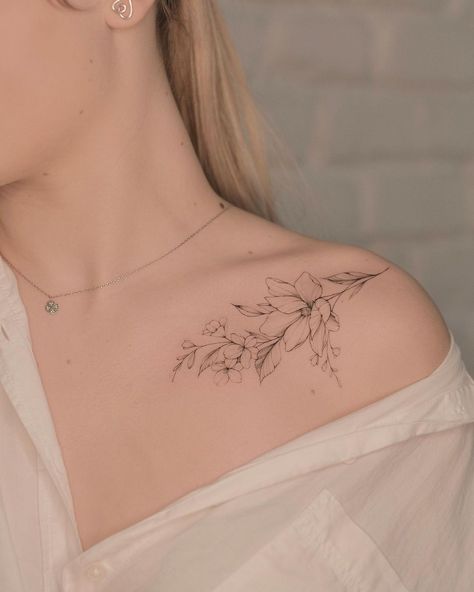 T E R R Y E M I tattoo on Instagram: “Magnolia & cherry blossom 🌸” Flower Tattoo On Shoulder, Small White Tattoos, Girl Shoulder Tattoos, Tattoo On Shoulder, Forearm Flower Tattoo, Floral Tattoo Shoulder, Small Shoulder Tattoos, Flower Tattoo Back, Small Flower Tattoos